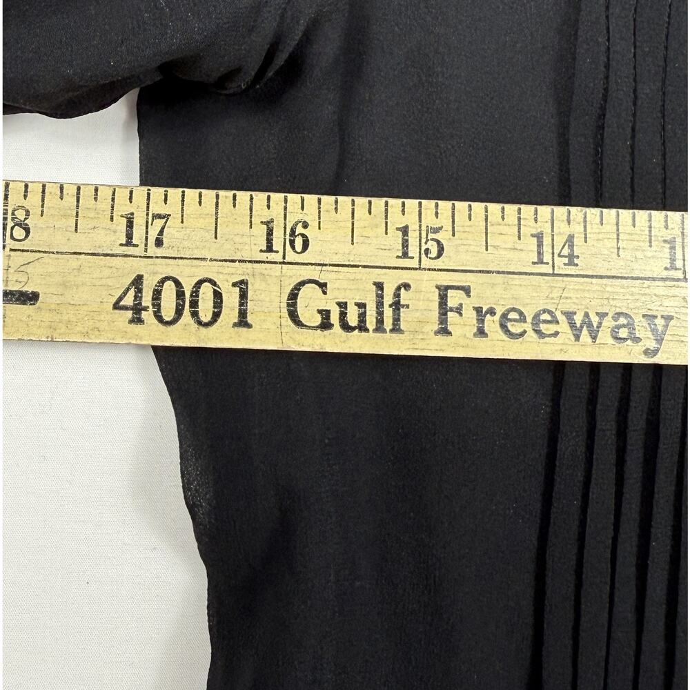 SAGAIE 90s VTG Paris black sheer long-sleeve tuxedo-style blouse leather trim - Picture 14 of 15